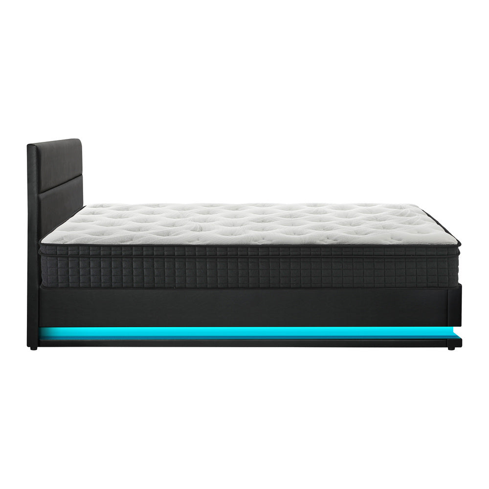 Bed Frame with Mattress King & Queen Size LED Gas Lift Black LAYZ