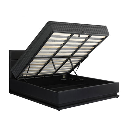 Bed Frame with Mattress King & Queen Size LED Gas Lift Black LAYZ