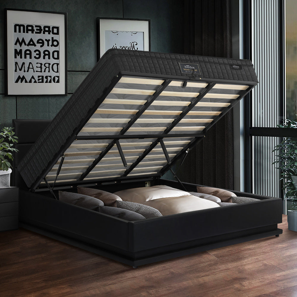 Bed Frame with Mattress King & Queen Size LED Gas Lift Black LAYZ