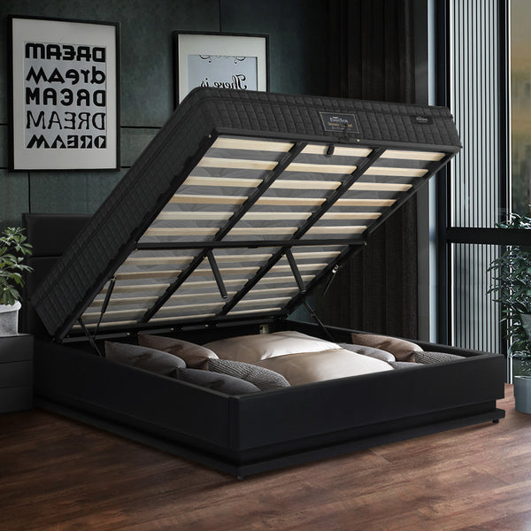  Bed Frame with Mattress King & Queen Size LED Gas Lift Black LAYZ