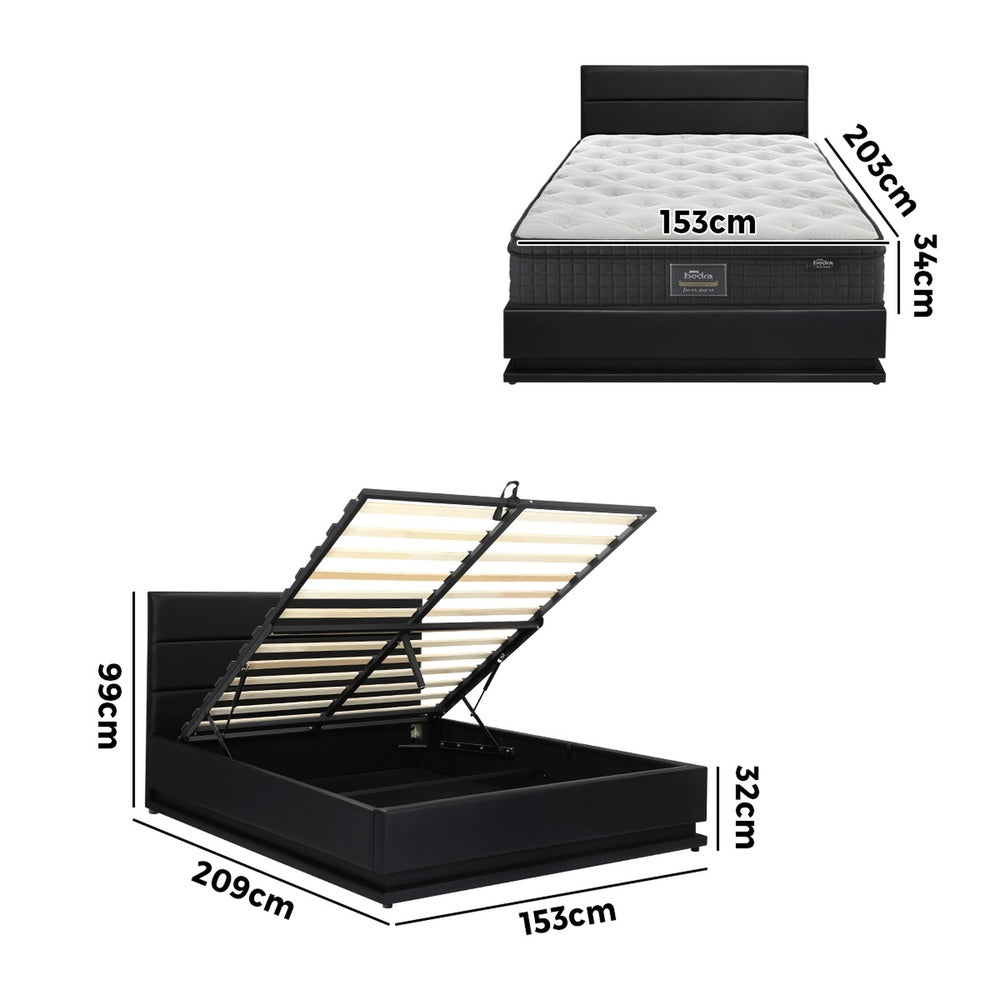 Bed Frame with Mattress King & Queen Size LED Gas Lift Black LAYZ