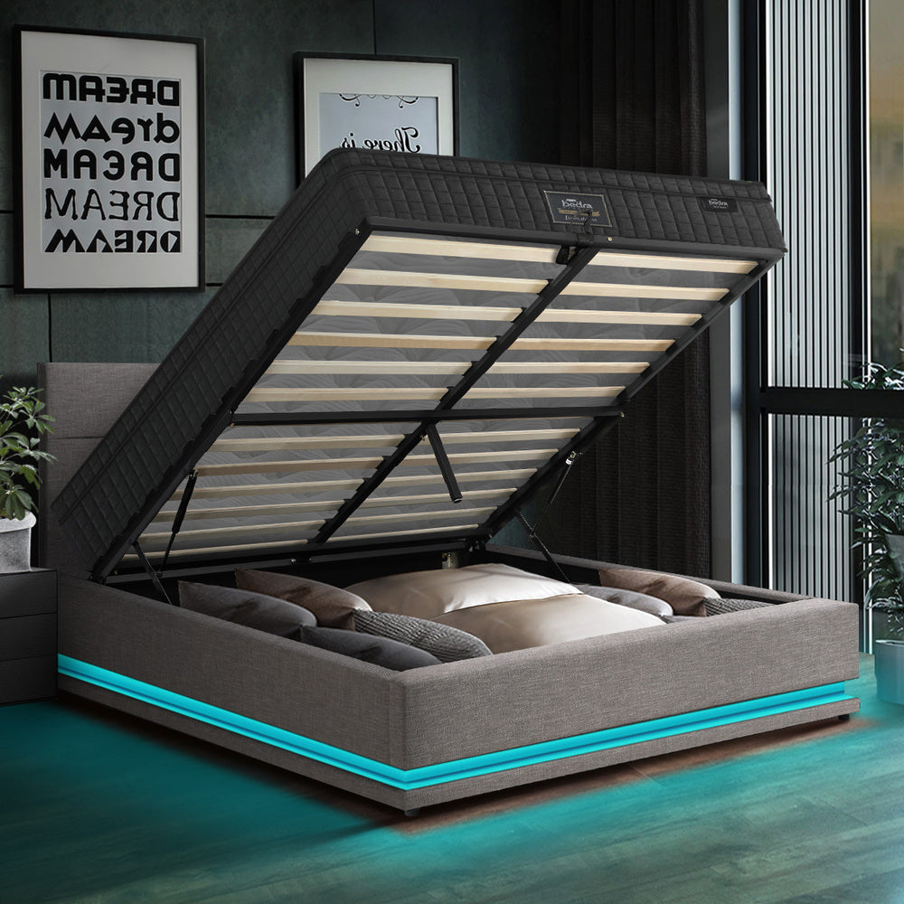 Bed Frame with Mattress Double Size LED Gas Lift Black & Grey LAYZ