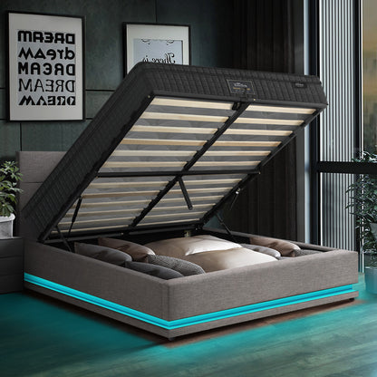 Bed Frame with Mattress Double Size LED Gas Lift Black & Grey LAYZ
