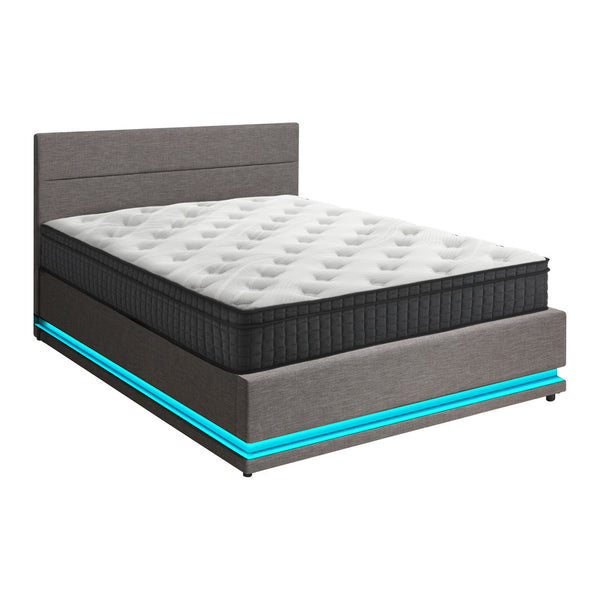  Bed Frame with Mattress Queen Size LED Gas Lift Grey
