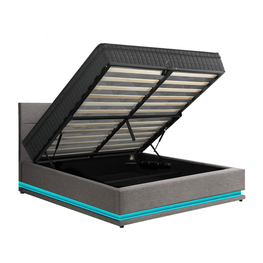 Bed Frame with Mattress Queen Size LED Gas Lift Grey 