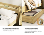 King size Bed Frame with Charging Ports 2 Drawers Natural