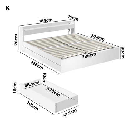 Bed Frame King Size with Charging Ports 2 Drawers White