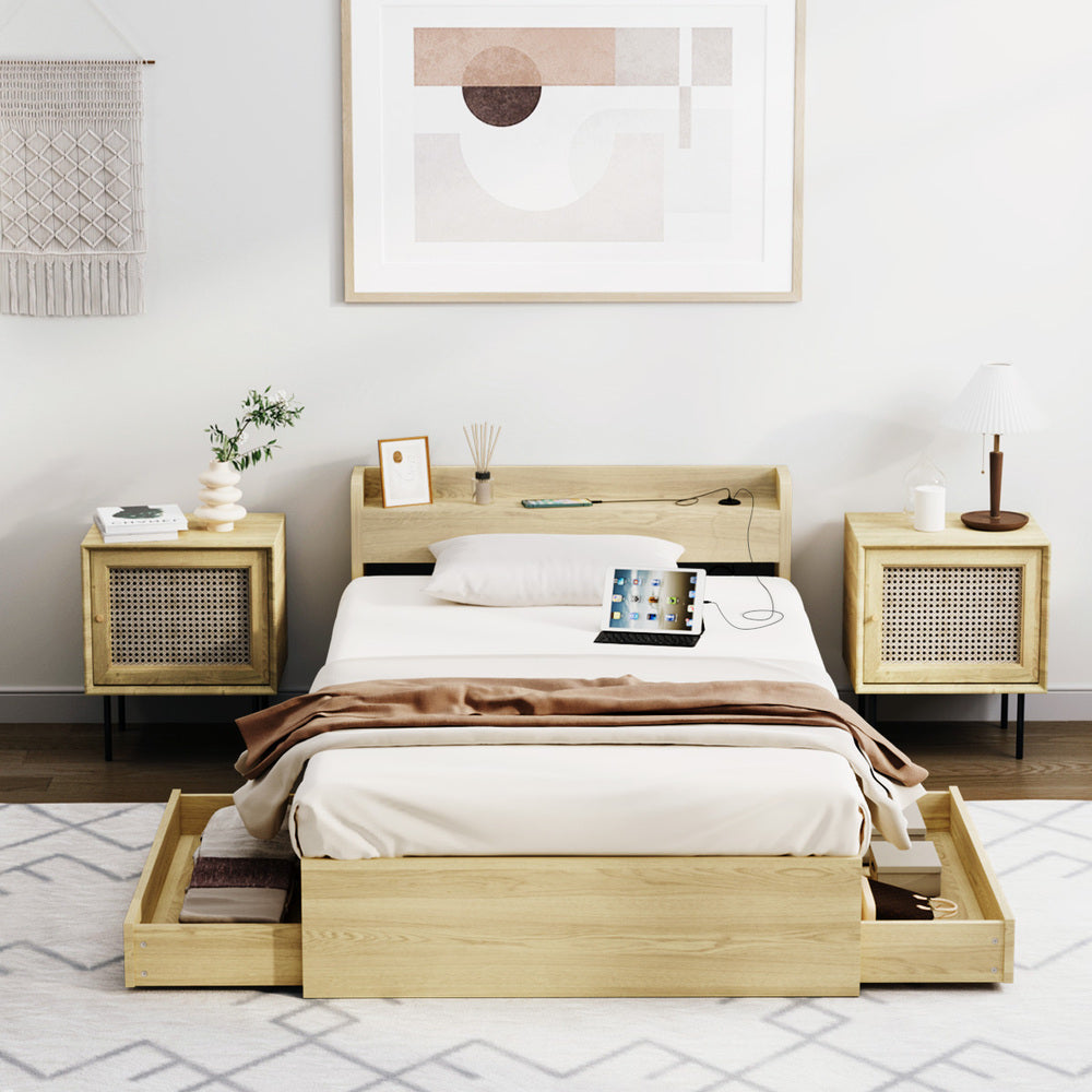 King Single Bed Frame with Charging Ports 2 Drawers