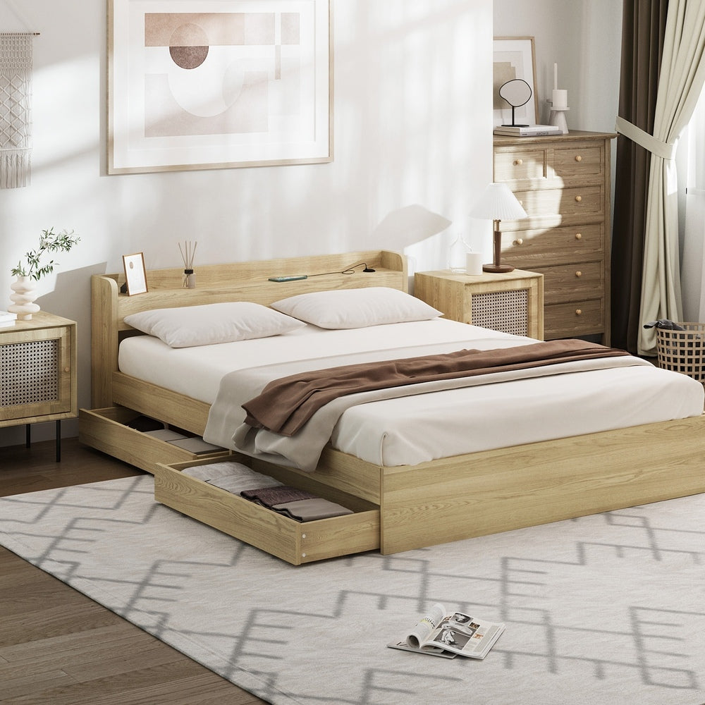 Double/Queen/King Wooden Bed Frame With Charging Ports And 2 Drawers Bedroom Furniture