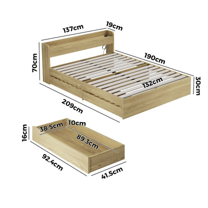 Double/Queen/King Wooden Bed Frame With Charging Ports And 2 Drawers Bedroom Furniture