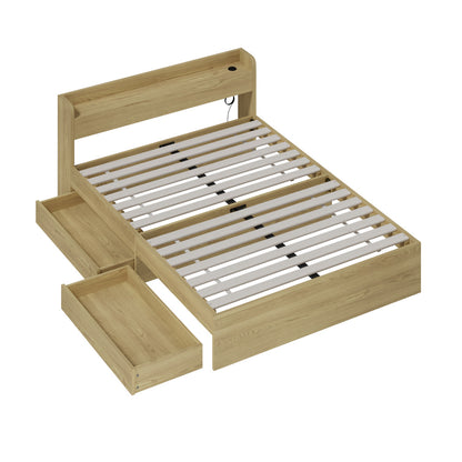 Double/Queen/King Wooden Bed Frame With Charging Ports And 2 Drawers Bedroom Furniture