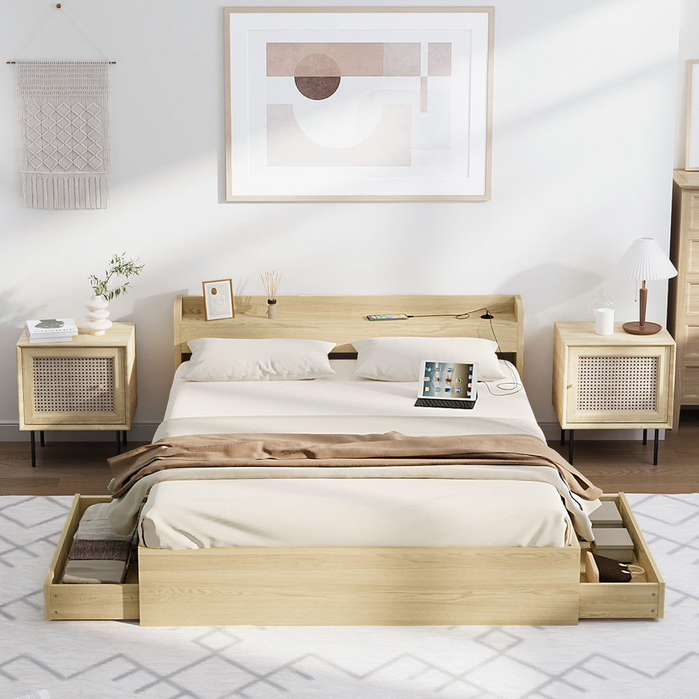 Double/Queen/King Wooden Bed Frame With Charging Ports And 2 Drawers Bedroom Furniture