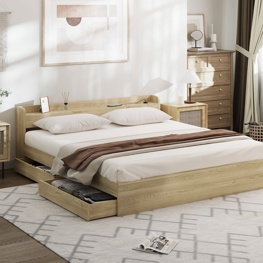 Double/Queen/King Wooden Bed Frame With Charging Ports And 2 Drawers Bedroom Furniture