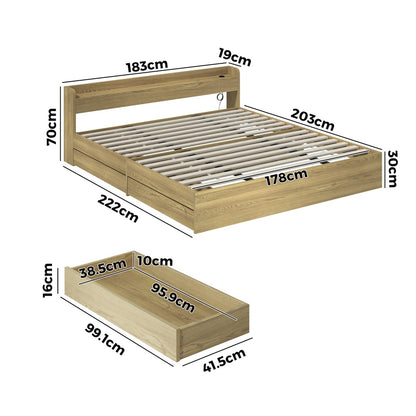 Double/Queen/King Wooden Bed Frame With Charging Ports And 2 Drawers Bedroom Furniture