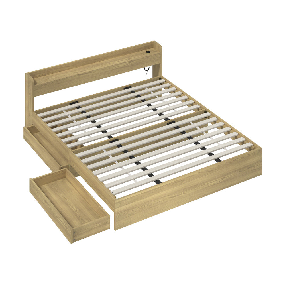 Double/Queen/King Wooden Bed Frame With Charging Ports And 2 Drawers Bedroom Furniture