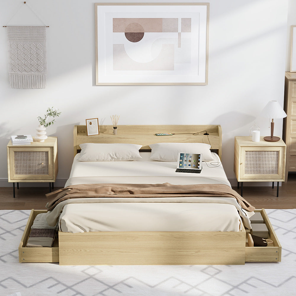 Double/Queen/King Wooden Bed Frame With Charging Ports And 2 Drawers Bedroom Furniture