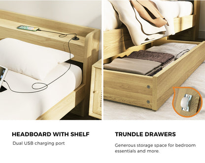 Double/Queen/King Wooden Bed Frame With Charging Ports And 2 Drawers Bedroom Furniture