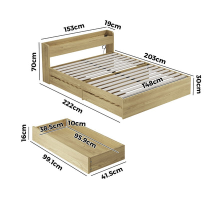 Double/Queen/King Wooden Bed Frame With Charging Ports And 2 Drawers Bedroom Furniture