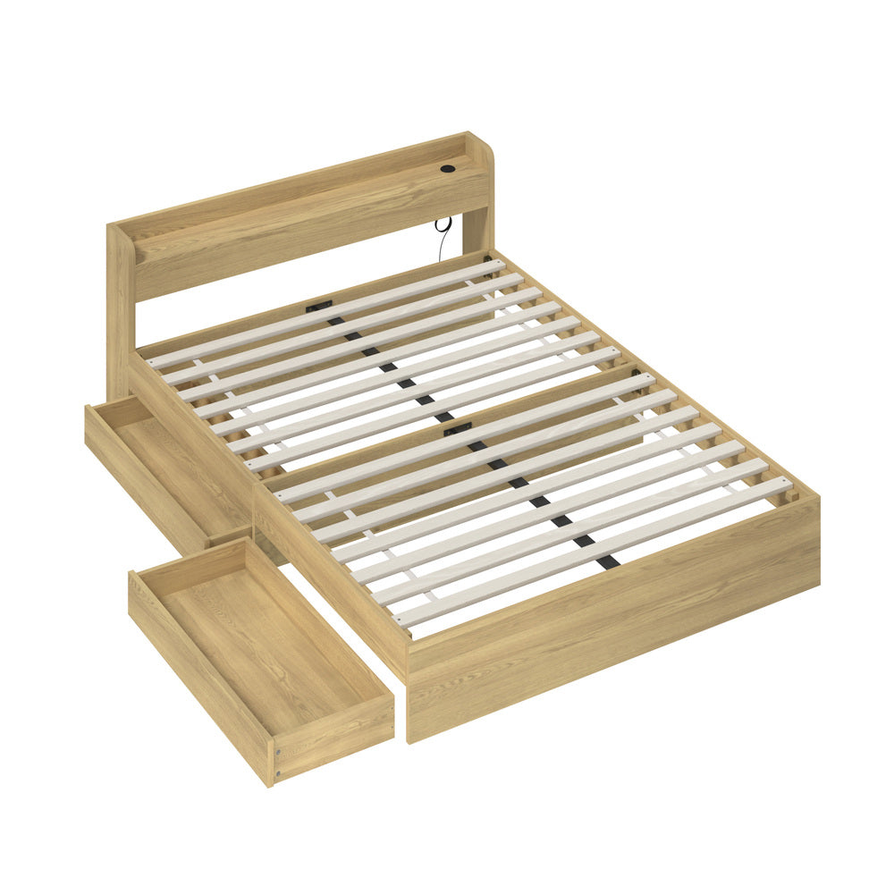 Double/Queen/King Wooden Bed Frame With Charging Ports And 2 Drawers Bedroom Furniture