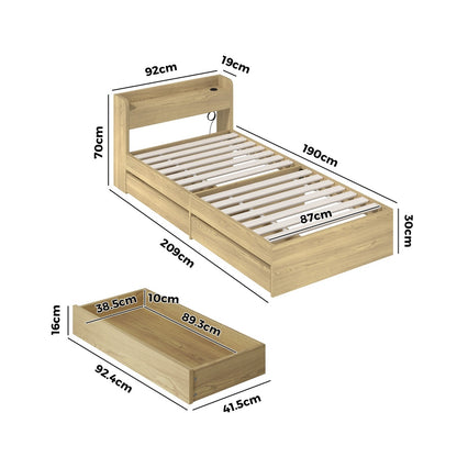 Single Wooden Bed Frame With Charging Ports And 2 Drawers Bedroom Furniture