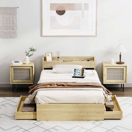 Single Wooden Bed Frame With Charging Ports And 2 Drawers Bedroom Furniture
