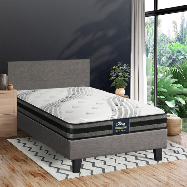  Single Bed Frame with Mattress Set Grey Fabric Upholstered Bedroom Bed