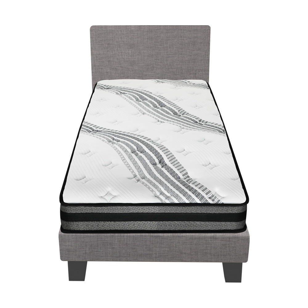 Single Bed Frame with Mattress Set Grey Fabric Upholstered Bedroom Bed
