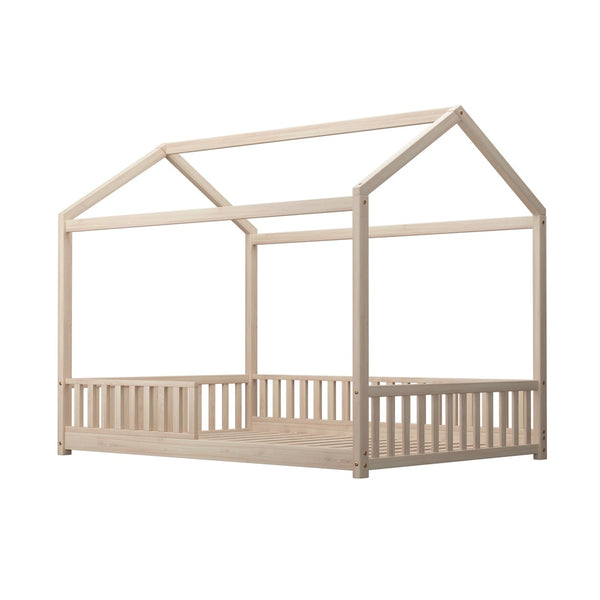 Kids Wooden Bed Frame Double Size House Platform Natural