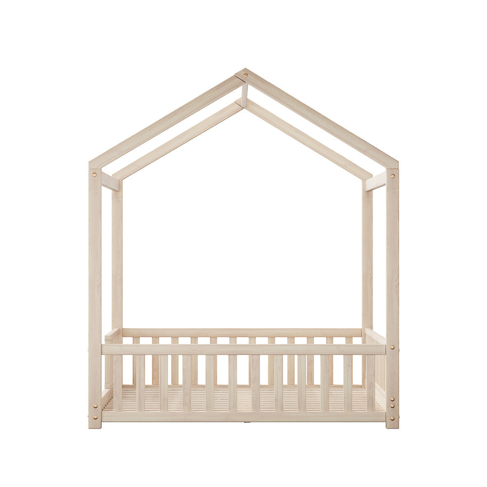 Kids Wooden Bed Frame Double Size House Platform Natural
