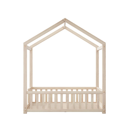 Kids Wooden Bed Frame Double Size House Platform Natural