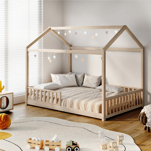  Kids Wooden Bed Frame Double Size House Platform Natural