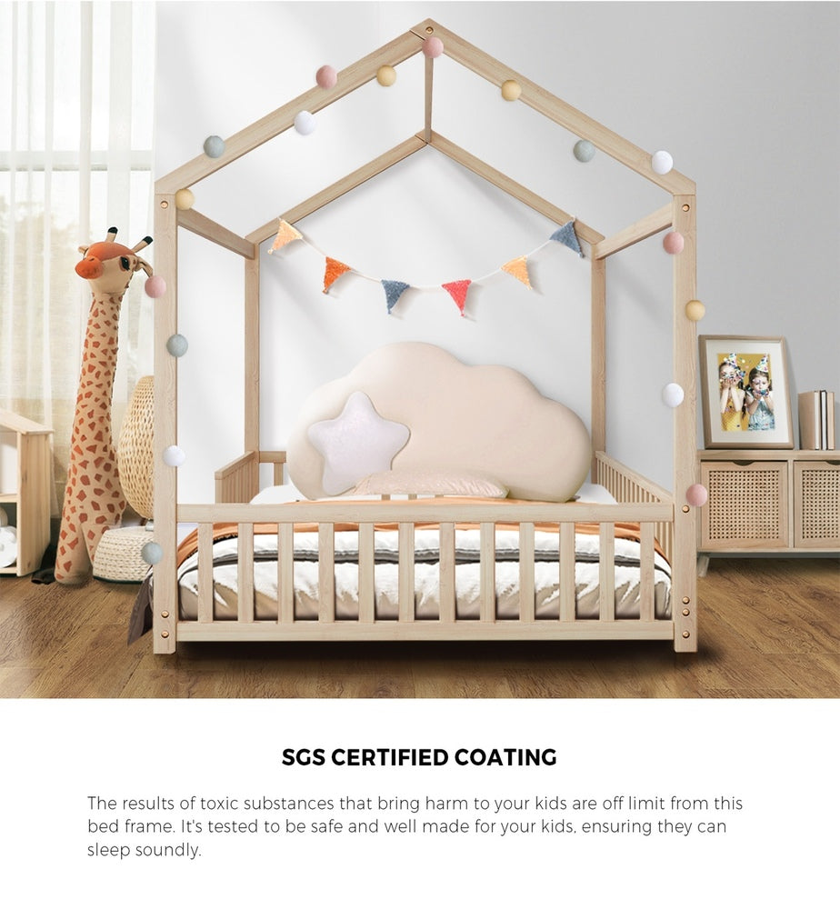 Kids Wooden Bed Frame Double Size House Platform Natural