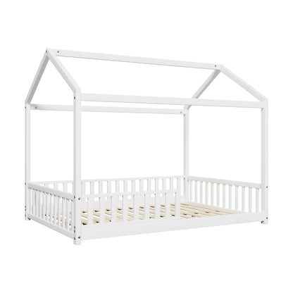 Kids Wooden Bed Frame House Beds Platform Double White Timber Pine