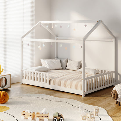Kids Wooden Bed Frame House Beds Platform Double White Timber Pine