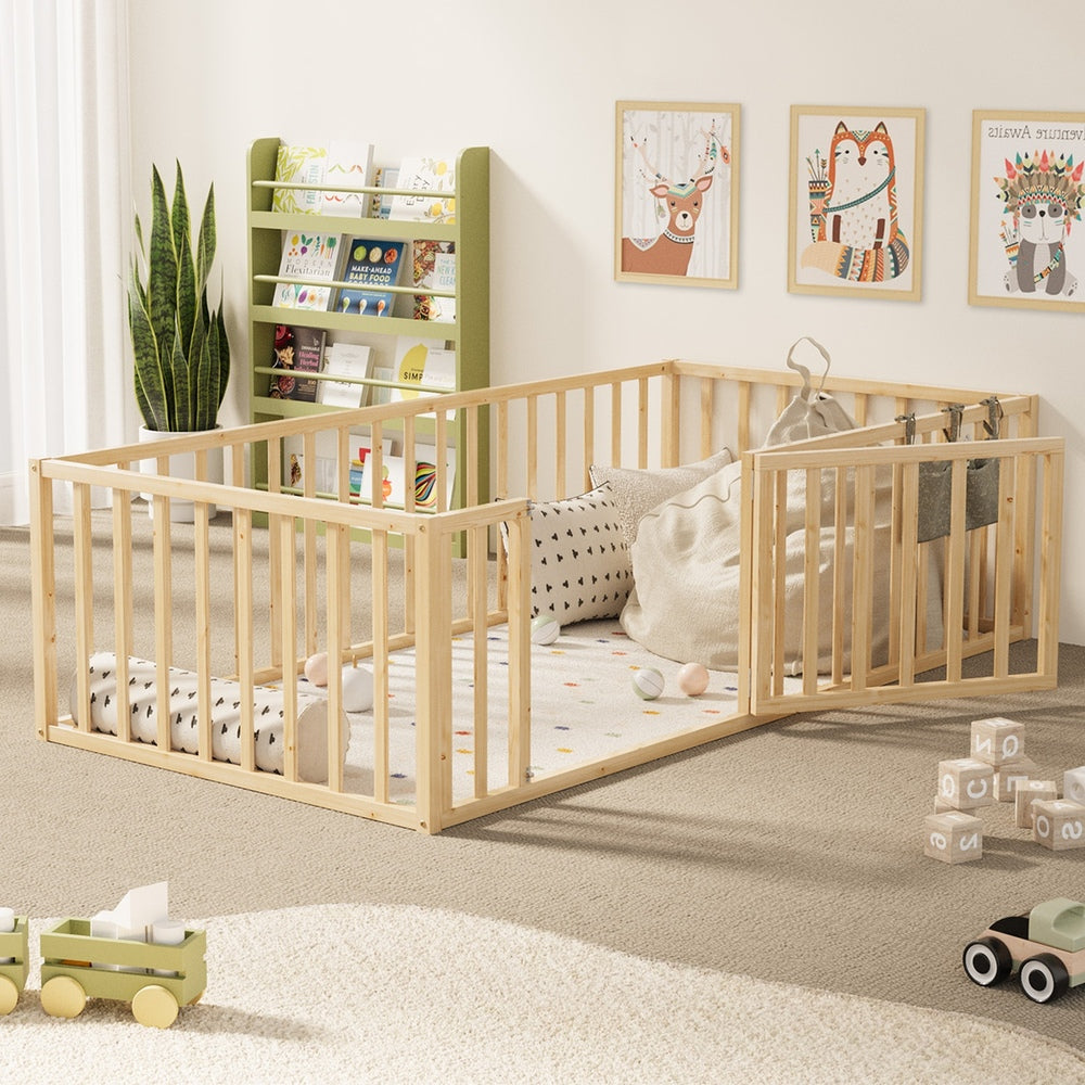 2-in-1 Kids Bed Frame Single Toddler Bed with Play Guard Fence Wood