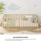 2-in-1 Kids Bed Frame Single Toddler Bed with Play Guard Fence Wood