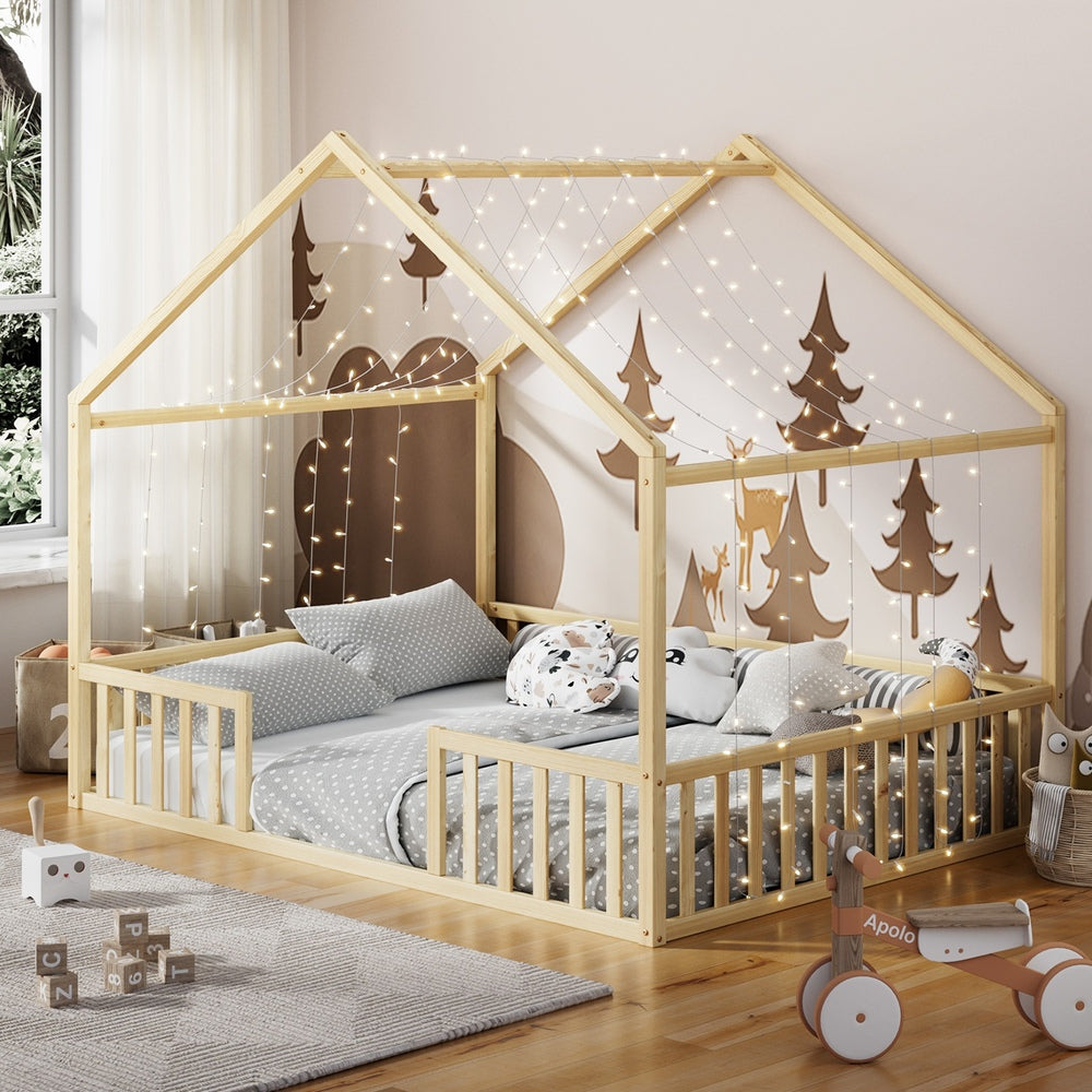 Double Kids Wooden Bed Frame With Timber Base Natural/White Finish Bedroom Furniture