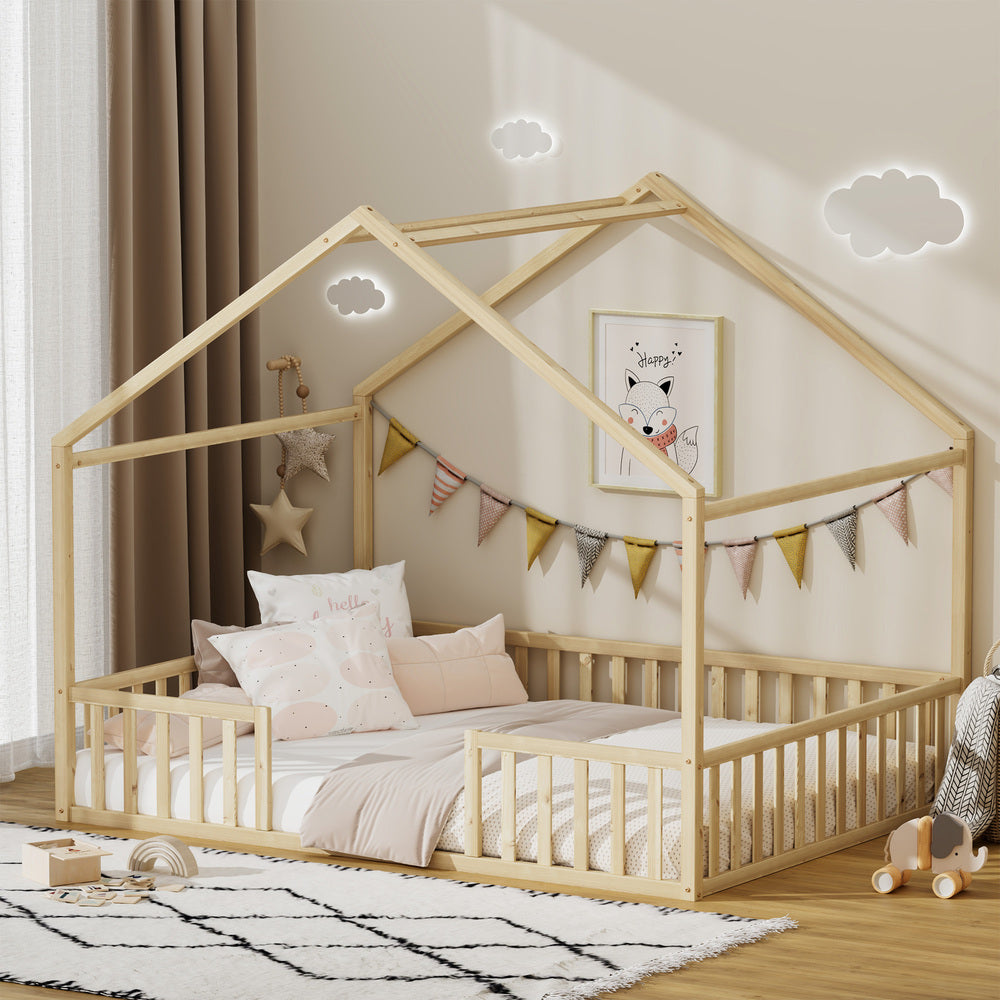 Double Kids Wooden Bed Frame With Timber Base Natural/White Finish Bedroom Furniture