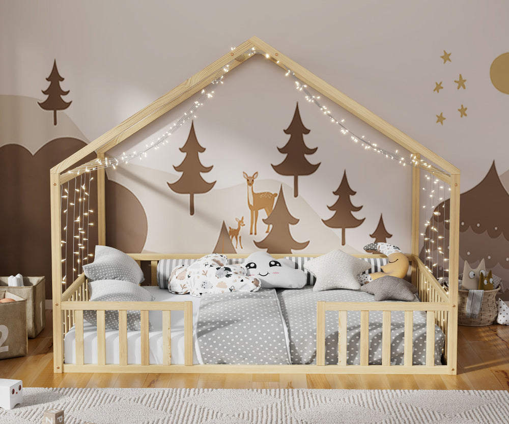 Double Kids Wooden Bed Frame With Timber Base Natural/White Finish Bedroom Furniture