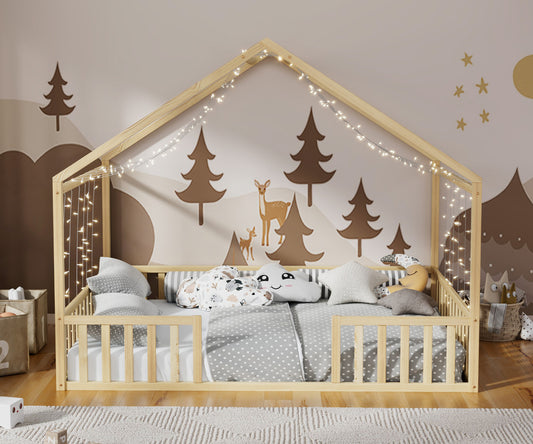 Double Kids Wooden Bed Frame With Timber Base Natural/White Finish Bedroom Furniture