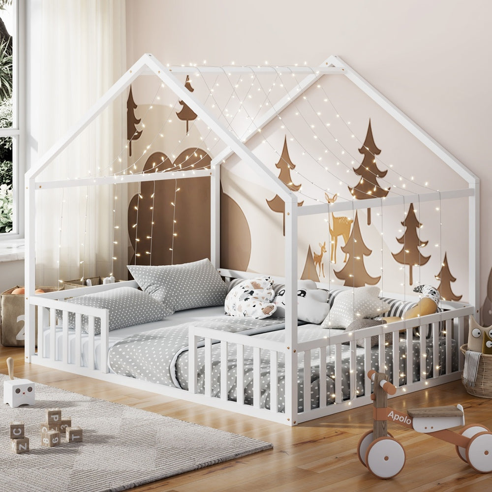 Double Kids Wooden Bed Frame With Timber Base Natural/White Finish Bedroom Furniture
