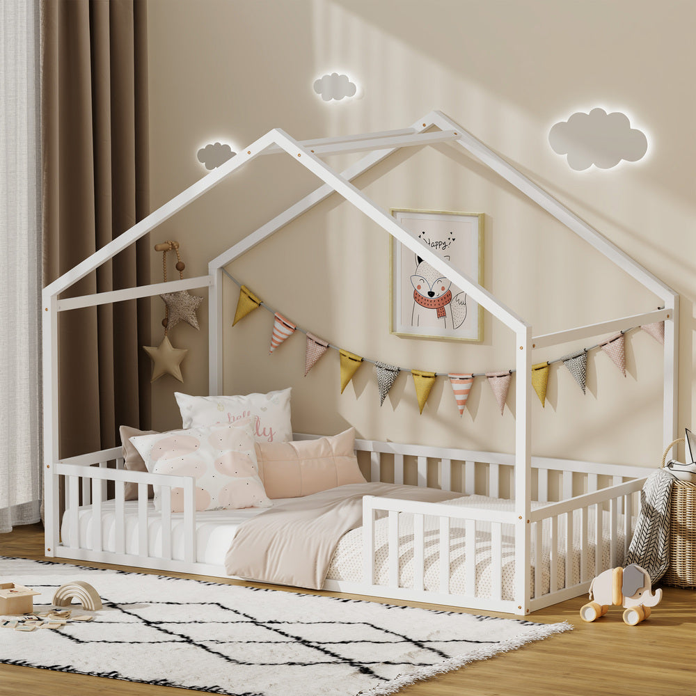 Double Kids Wooden Bed Frame With Timber Base Natural/White Finish Bedroom Furniture