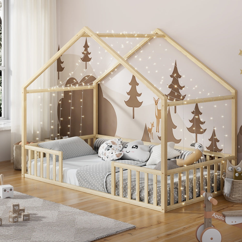 King Single Kids Wooden Bed Frame With Timber Base Natural Finish Bedroom Furniture