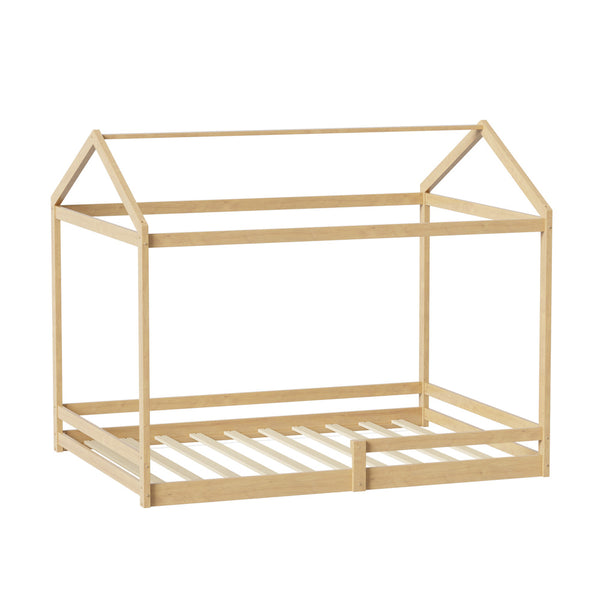  Double Kids Wooden Bed Frame House Beds with Fence Natural