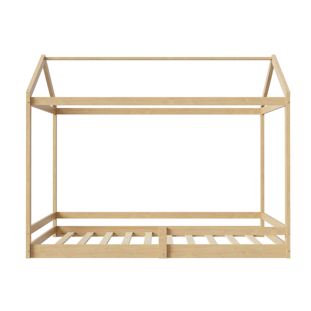 Double Kids Wooden Bed Frame House Beds with Fence Natural