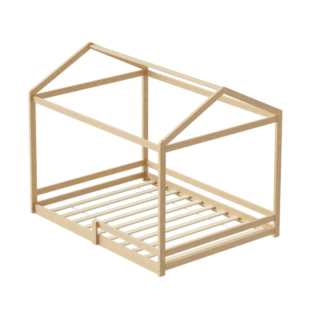 Double Kids Wooden Bed Frame House Beds with Fence Natural