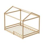 Double Kids Wooden Bed Frame House Beds with Fence Natural