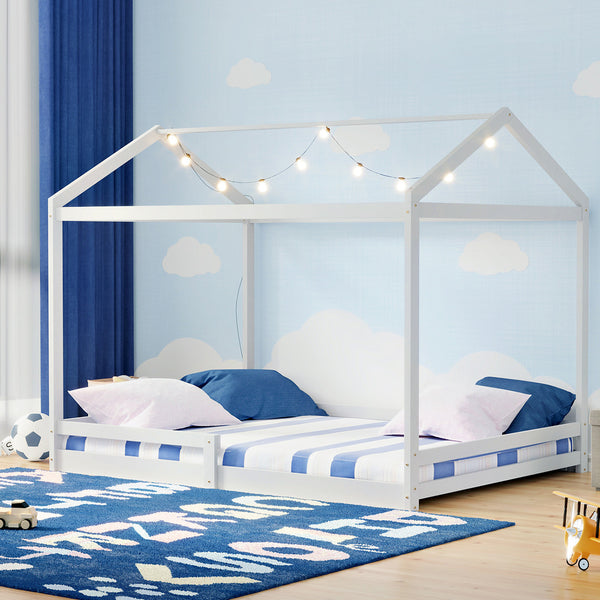  Kids Wooden Bed Frame House Base with Fence Double White