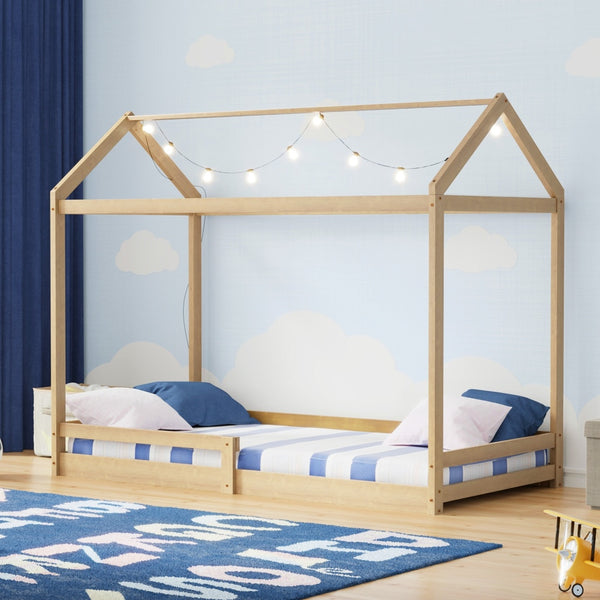  Kids Wooden Bed Frame House Frame Timber with Fence Single Natural