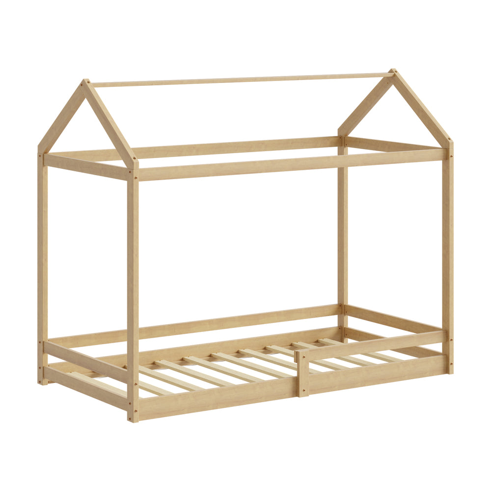 Kids Wooden Bed Frame House Frame Timber with Fence Single Natural